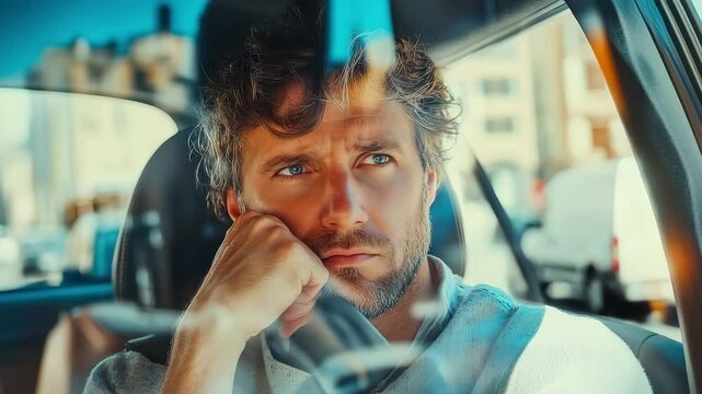 Contemplative Man in Car Reflecting on Urban Life