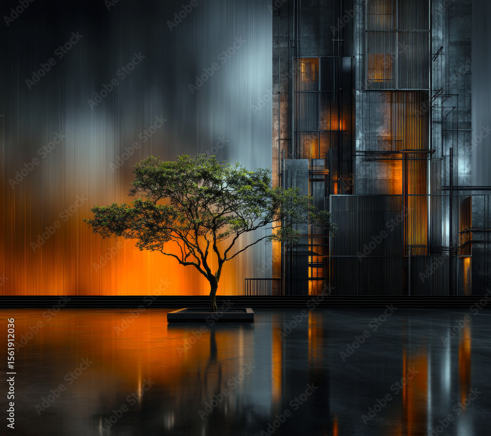 Poster this captivating image showcases a solitary tree against a backdrop of sleek metallic structures and