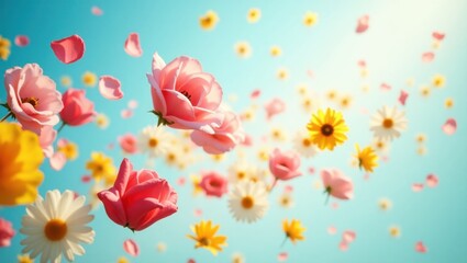 Una explosión vibrante de pétalos de rosas, tulipanes y margaritas que giran con gracia en el aire contra un cielo azul brillante