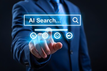 AI Search Engine Technology Concept. A person interacts with search bar AI Search, representing artificial intelligence, chatbot, data cloud, global connectivity, and future search engine innovation. 