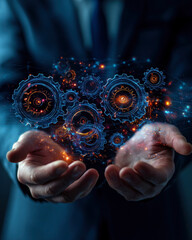 A business professional showcases a dynamic blend of gears and energy, symbolizing the fusion of technology and creativity, offering insights into the future of innovation and development.