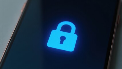 Pantalla de teléfono inteligente moderna, iluminada por un brillo sutil y suave, que muestra un ícono de candado de seguridad azul 