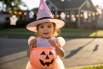 Young child in pastel pink witch costume holding empty jack-o’-lantern bucket in warm autumn setting, embodying hope and Halloween anticipation.