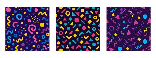 Collection of retro 80s, 90s colorful seamless patterns. Doodle fun kid backgrounds. Childish cool geometric design useful for fabric, textile, cover, banner, label, print, wrapping, wallpaper