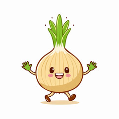 Playful Onion Character: This charming cartoon depicts a happy, animated onion character, radiating joy and embodying the fun of healthy eating with vibrant colors and a delightful smile.