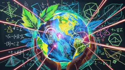 Converging laser beams tracing Earth globe held by glowing hands in dark backdrop, sparking renewal - Powered by Adobe