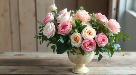 Obraz premium Pink roses and greenery in a vase stand gracefully on a wood surface, highlighting delicate petals and creating a serene atmosphere with the soft hues and natural charm.