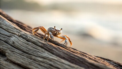 Close-up of a tiny crab perched on sun-drenched driftwood, looking directly at the camera. The warm golden light illuminates its delicate features against a serene