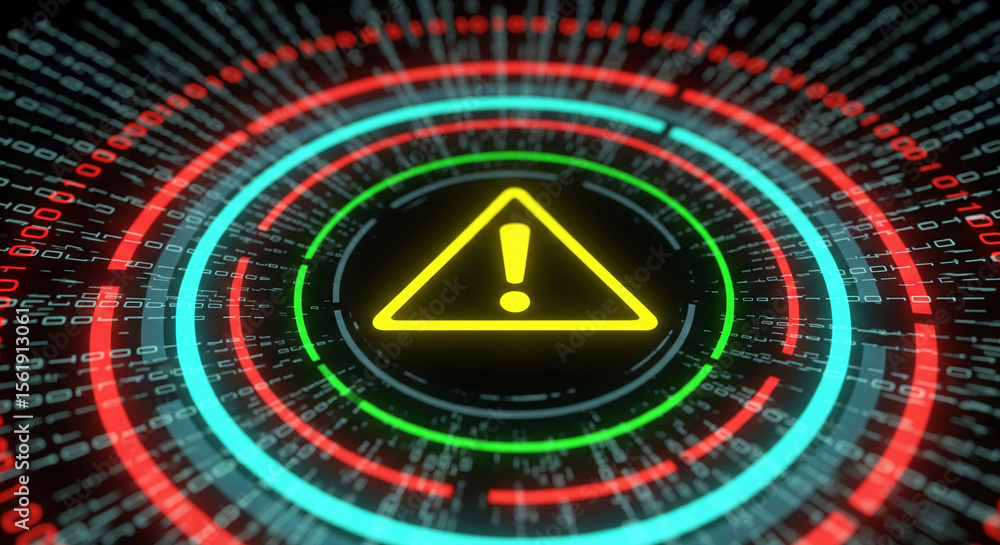 Poster yellow warning sign within glowing digital circles and binary code, symbolizing cybersecurity alert 
