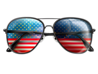Close-Up of Patriotic Aviator Glasses with Glossy Surface and USA Flag Detail Isolated to Transparent Background