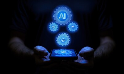 Hands holding a phone with glowing AI-related gears