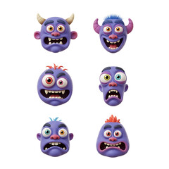 Fototapeta premium Funny 3D Monster Emoji Faces in Purple and Blue with Cartoon Emotions.