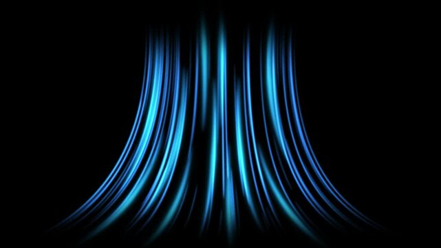 Cold air flow from conditioner effect. air light effect with blue rays. Freezing wind waves air blowing effect. Abstract directional optical fiber neon lines on black Background. Air cooling process