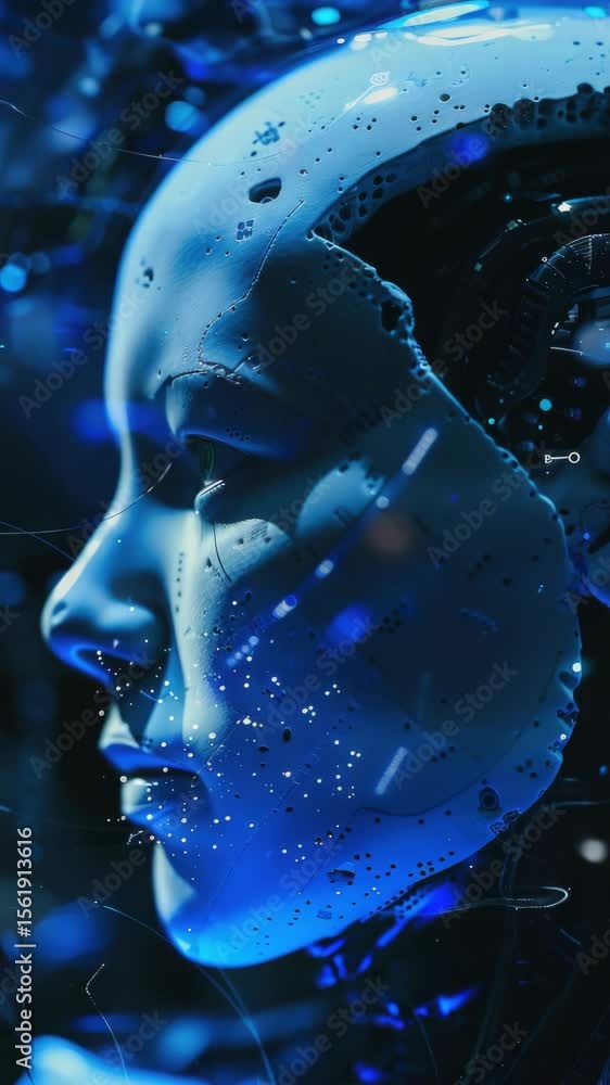 Poster human-like robot with cybernetic enhancements set against a futuristic backdrop.