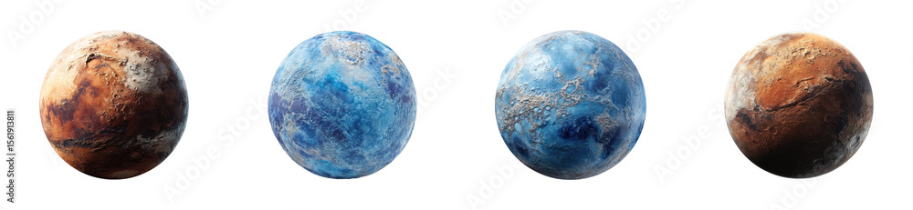 Poster exploring planetary surfaces artistic renderings of celestial bodies outer space cosmic environment 