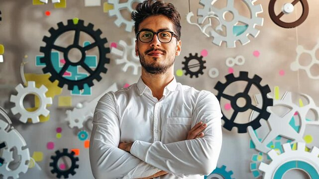 QA engineer standing confidently amidst swirling icons of gears, bugs, and check marks, with copyspace