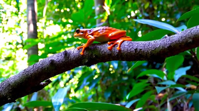 Orange frog on branch in forest