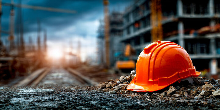 An orange hard hat rests on gravel at a construction site, emphasizing safety and protection amid the backdrop of ongoing construction activities under a dramatic sky.