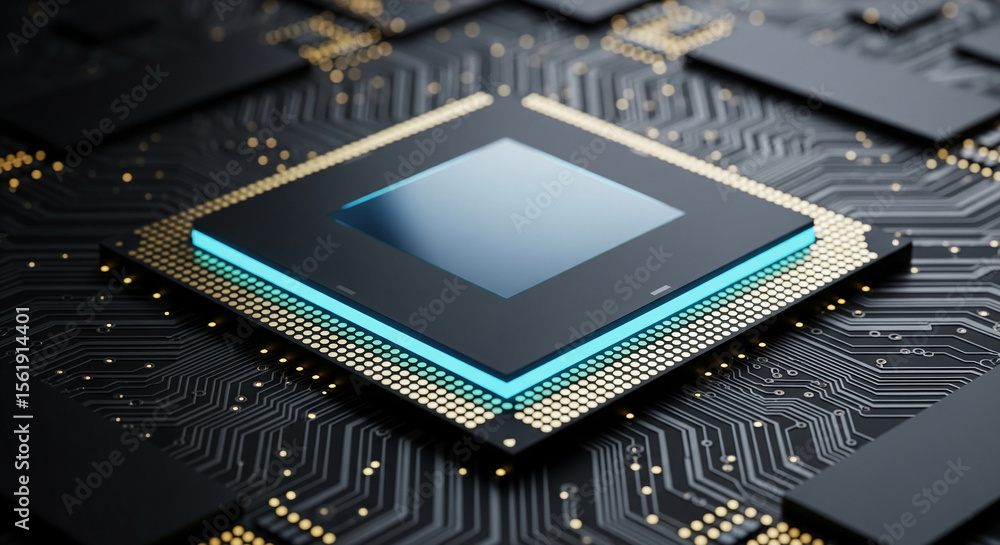 Poster close-up of a computer processor, showcasing its intricate circuitry and glowing blue accents. repre