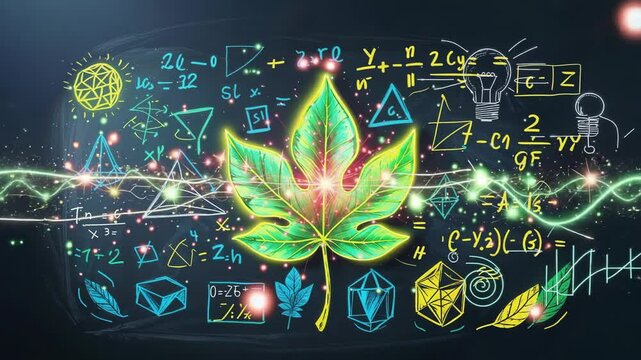 Appearing leaf pulsing on chalkboard display, neon shapes, rising waveform and flickering lightbulb