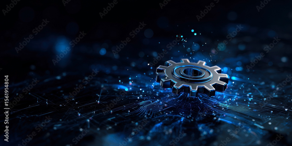 Poster this visually striking image captures a metallic gear against a dark background, symbolizing technol