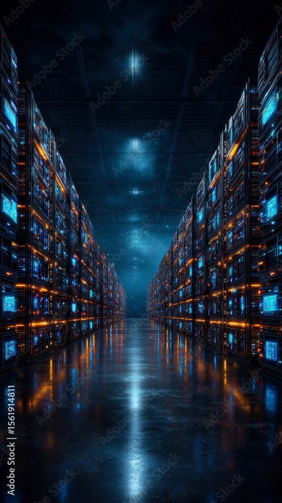 Aufkleber explore a futuristic data center, illuminated by vibrant lights reflecting off sleek surfaces, symbo