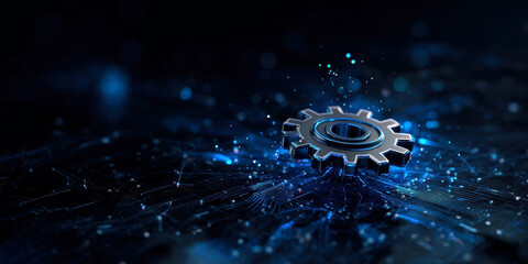 This visually striking image captures a metallic gear against a dark background, symbolizing technological advancement and innovation in a world driven by connectivity and digital solutions.