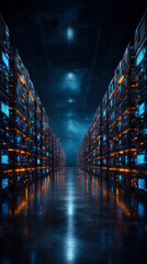Explore a futuristic data center, illuminated by vibrant lights reflecting off sleek surfaces, symbolizing the power and complexity of modern data storage solutions.