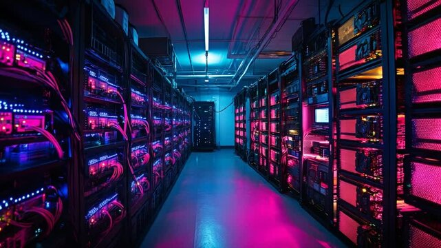 Futuristic Data Center Server Room with Neon Lighting