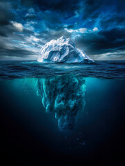 A breathtaking view of an iceberg above and below water, showcasing nature's grandeur.