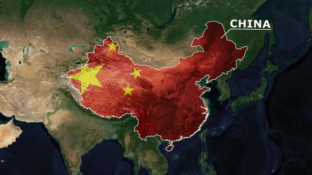 Zoom from Earth to China. (Country Flag) World map animation with highlighted country borders. Satellite 3d world map animation highlights aerial views, tourism, and travel. 4k