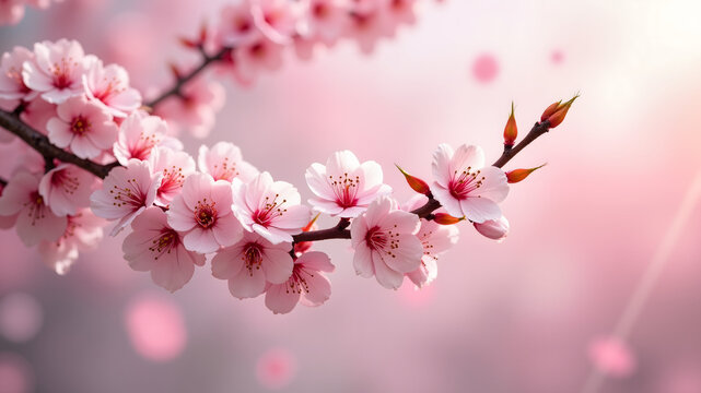 Blooming pink sakura flowers. Cherry twig background, spring time banner background
