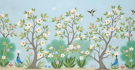 Oriental Chinoiserie Wallpaper Vector – Traditional Chinese Landscape with Botanical Motifs, Decorative Scenery, Vintage Floral Design for Elegant Interiors