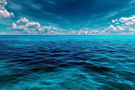 A serene view of the vast, shimmering ocean under a blue sky adorned with fluffy clouds, inviting tranquility and peace. - Powered by Adobe