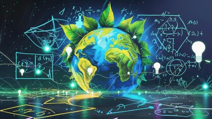 Fading in Earth globe rotating over grid, with swaying leaves, pulsing bulbs, formulas and nodes - Powered by Adobe