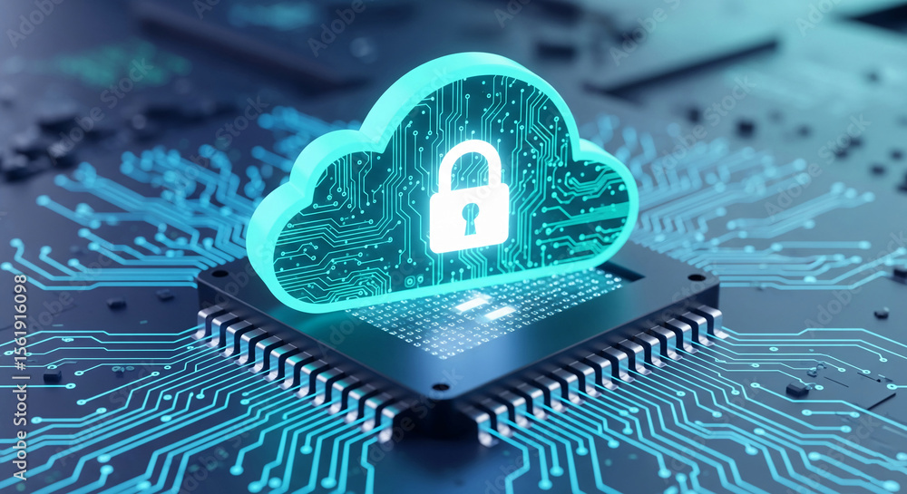 Poster glowing cyan cloud icon with padlock, rests on microchip circuit board, symbolizing secure cloud com