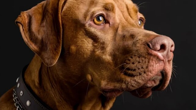 Elegant brown Vizsla dog portrait in profile with attentive eyes, wearing studded collar and chain on a dark background.