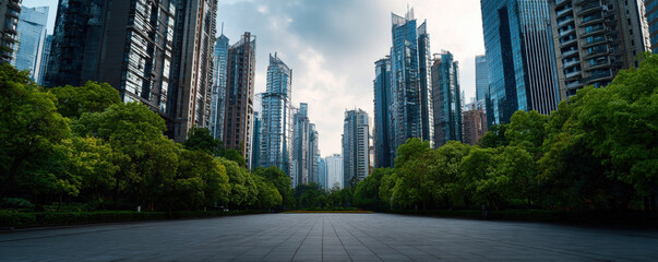 A serene view of towering skyscrapers amidst lush greenery, showcasing a harmonious blend of nature and urban life.