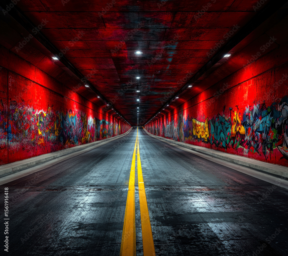 Poster a striking view of a long, illuminated tunnel featuring vibrant red walls adorned with colorful graf