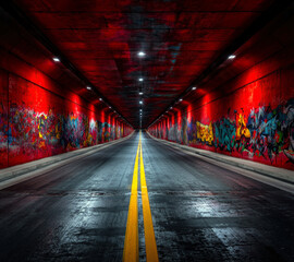 A striking view of a long, illuminated tunnel featuring vibrant red walls adorned with colorful graffiti, leading towards an intriguing vanishing point with a double yellow line.