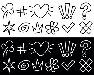 Hand Drawn Doodle Icons Set. Heart, Symbols, Emphasis Marks and Decorative Elements. Vector illustration isolated on white and black background.