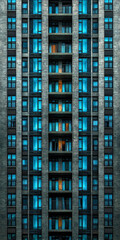 This captivating image showcases the intricate facade of an urban apartment building, highlighting contrasting illuminated windows against a backdrop of cool blues and gray tones.