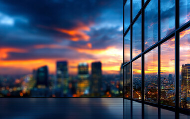 A stunning view from a high-rise window showcases a vibrant sunset over the city skyline, with beautiful hues illuminating the clouds and reflecting off the glass.