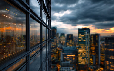 A stunning view of skyscraper windows reflecting a vibrant city skyline at twilight, contrasting dark clouds and glowing lights, capturing the essence of urban life as day transitions to night.