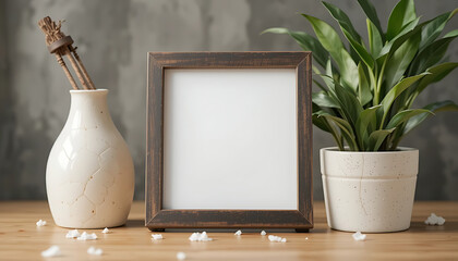 A minimalist beige vase with dried twigs next to a wooden-frame photo display, background is a textured wall 4K and HD image
