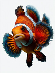 This mesmerizing image captures a vivid clownfish with striking orange and blue colors, showcasing its intricate fins and facial features against a clean white background.