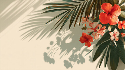 Obraz premium Tropical Palm Leaves and Exotic Flowers on Ethereal Background 300 DPI