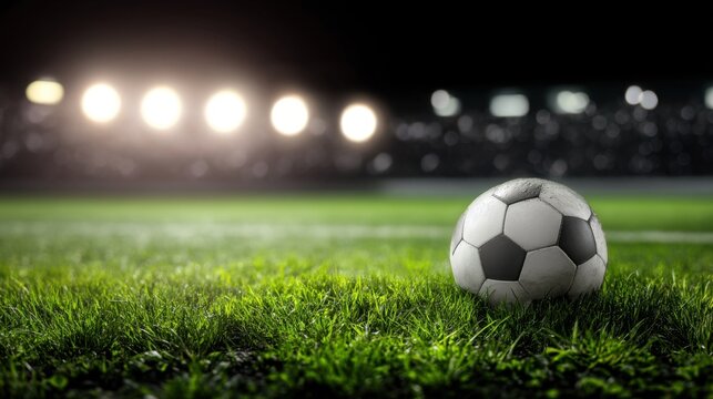 Classic black-and-white soccer ball on a lush green field illuminated by bright stadium lights, bokeh effect, dark night sky, large stadium, anticipation of a big match.