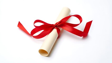 Scroll tied with a bright red ribbon on a white background creating a minimalist and elegant presentation