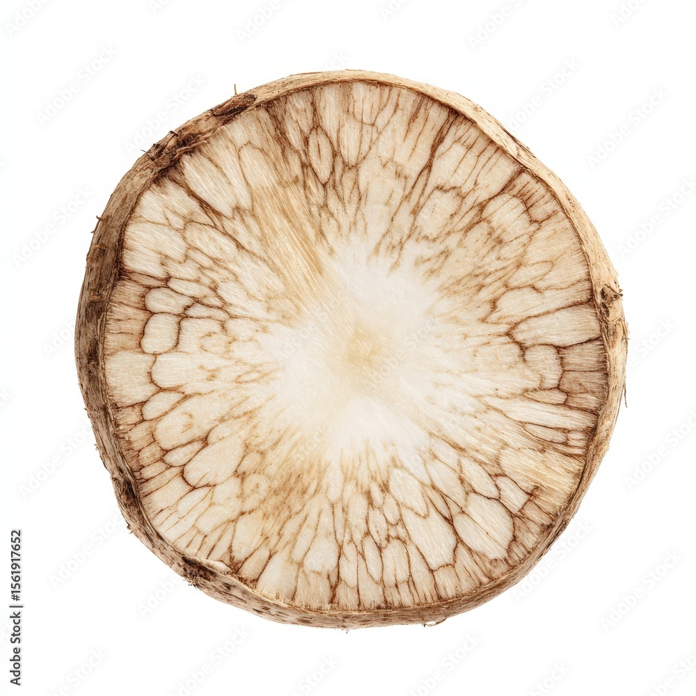 Poster close up studio shot of a sliced daikon radish showing intricate texture and pattern